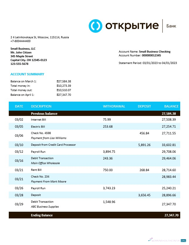 Download Otkritie FC Bank enterprise account statement Word and PDF template Photoshop template